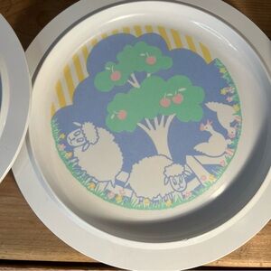 Vintage Kids Farm Animal Melamine Dinner Set By Rosti Mepal. Plate, Bowl, Cup